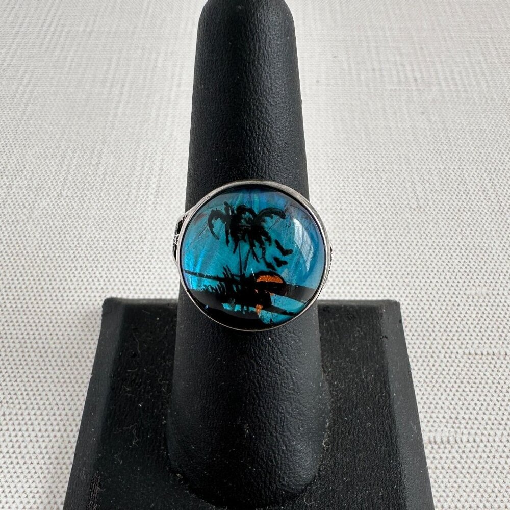 Art Deco Hoffman Sterling Butterfly Wing Ring, Scenic Convex Glass Size 8.5